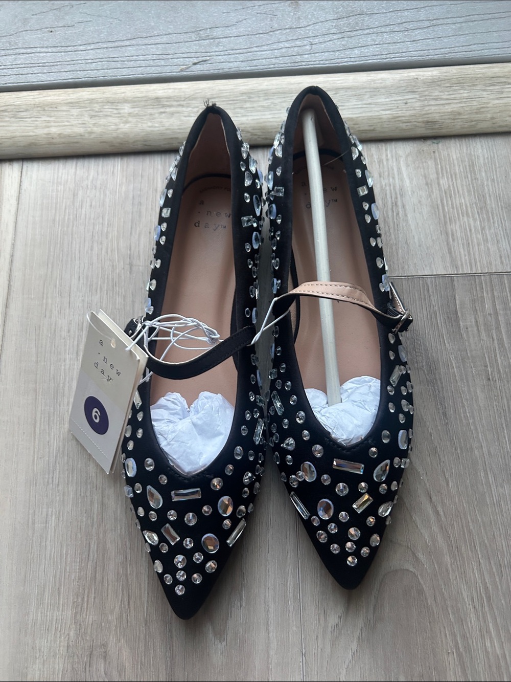 a new day Black Embellished Pointed Mary Jane Flats